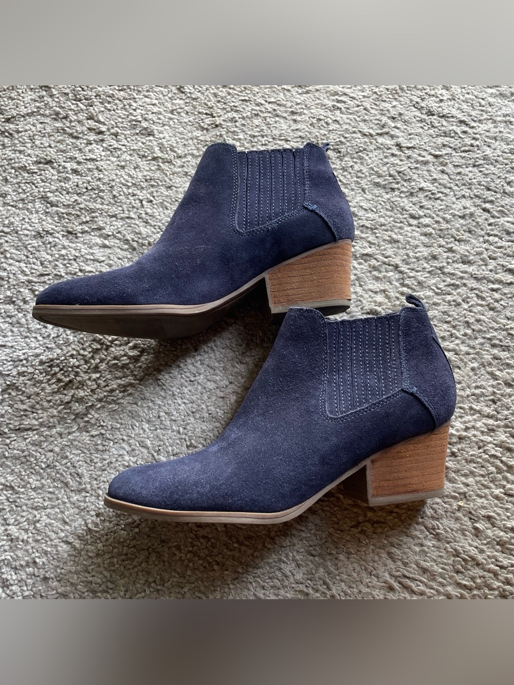 Crown Vintage Navy Suede Chelsea Booties with Stacked Heel